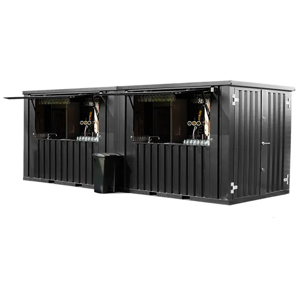 Schwarzer Bar Container 8x2 RAL 9005 mit mehreren Verkaufsklappen
